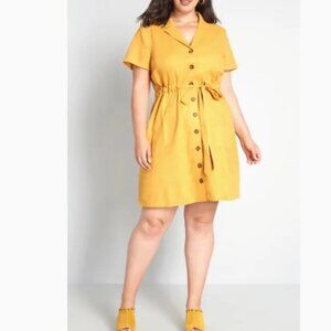 ModCloth mustard Enthralled Again linen blend knee length button up dress sz Lg